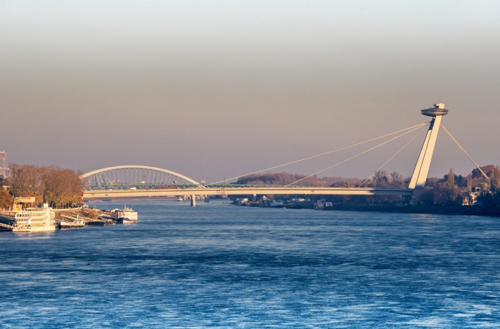 Danube River in Bratislava, Slovakia (SNP Bridge with Famous Restaurant)